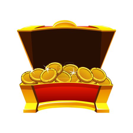 Illustration for Open the Treasure chest with coins. Game achievement success gift, antique trunk, UI winner bonus reward. - Royalty Free Image