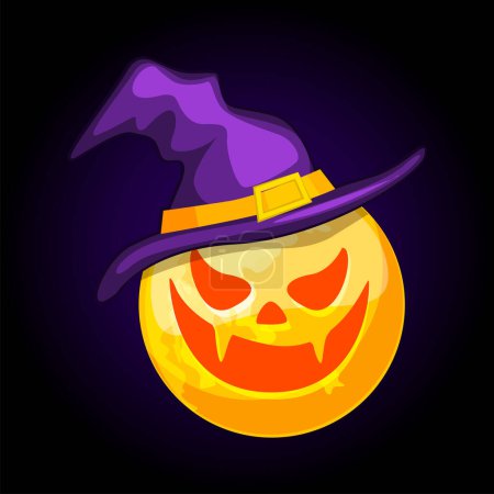 Ilustración de Cara de miedo de luna llena en el sombrero para la tarjeta de felicitación. ilustración de Halloween. - Imagen libre de derechos