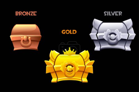 Ilustración de The mystery golden, silver and bronze chests. Level UP icons for UI 2D game. - Imagen libre de derechos