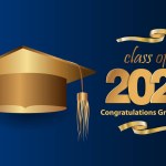Congratulations on your graduation from school. Class of 2023. Graduation cap, confetti and balloons. Congratulatory banner. Academy of Education School of Learning.