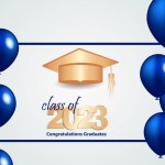 Congratulations on your graduation from school. Class of 2023. Graduation cap, confetti and balloons. Congratulatory banner. Academy of Education School of Learning. Vector