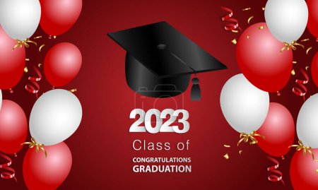 Illustration for Congratulations on your graduation from school. Class of 2023. Graduation cap, confetti and balloons. Congratulatory banner. Academy of Education School of Learning. Vector - Royalty Free Image
