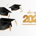Congratulations graduation. Class of 2023. Graduation cap and confetti and balloons. Congratulatory banner in blue. Academy of Education School of Learning. Vector