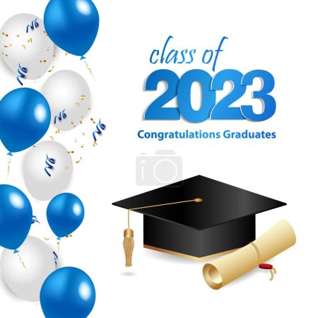 Illustration for Congratulations graduation. Class of 2023. Graduation cap and confetti and balloons. Congratulatory banner in blue. Academy of Education School of Learning. Vector - Royalty Free Image
