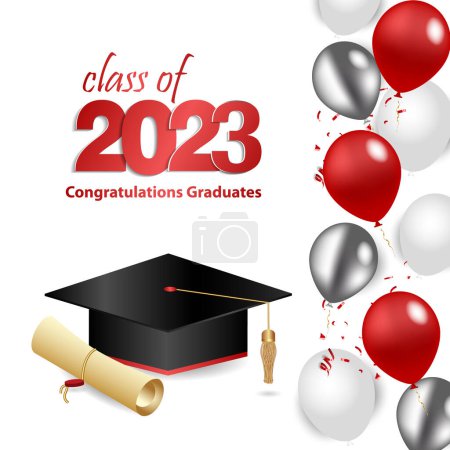 Felicidades, graduación. Clase de 2023. Gorra de graduación y confeti y globos. Banner de felicitación en azul. Academia de Educación Escuela de Aprendizaje. Vector
