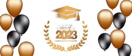 Illustration for Congratulations graduation. Class of 2023. Graduation cap and confetti and balloons. Congratulatory banner in blue. Academy of Education School of Learning. vector illustration - Royalty Free Image