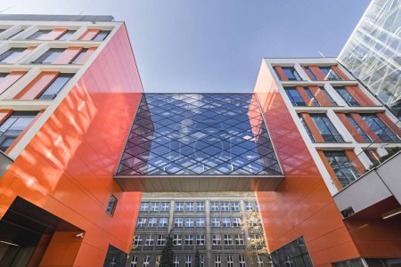 Photo for Colorful detail for the facade of the object, building. Material of vertical aluminum and orange panels. Modern building. Connector and transition between buildings - Royalty Free Image