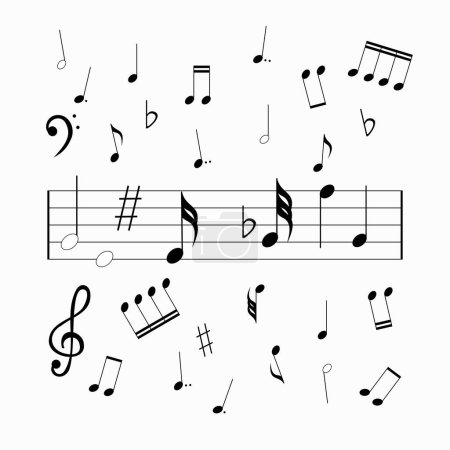 Foto de Juego de láminas de micrófono. Fondo musical abstracto con varias notas musicales, ilustración vectorial - Imagen libre de derechos