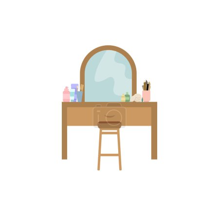 Illustration for Mirror with cosmetics. Nurturing Self. Beauty, Cosmetics, and the Art of Self Care in Flat Vector Illustration. - Royalty Free Image