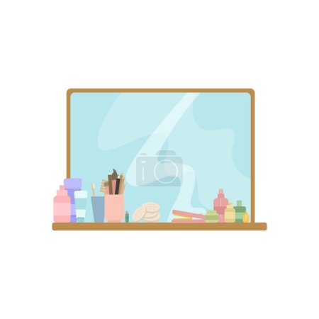 Illustration for Mirror with cosmetics. Nurturing Self. Beauty, Cosmetics, and the Art of Self Care in Flat Vector Illustration. - Royalty Free Image