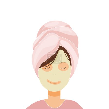 Illustration for Woman with care mask on the face. Nurturing Self. Beauty, Cosmetics, and the Art of Self Care in Flat Vector Illustration. - Royalty Free Image