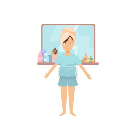 Illustration for Woman with mirror and cosmetics. Nurturing Self. Beauty, Cosmetics, and the Art of Self Care in Flat Vector Illustration. - Royalty Free Image