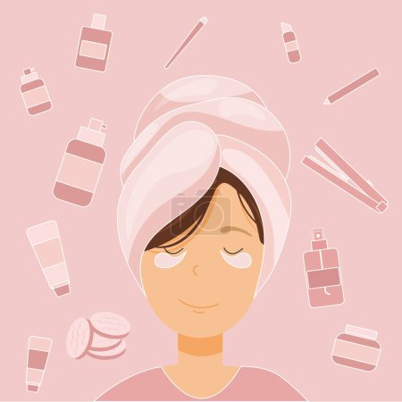 Illustration for Woman background. Nurturing Self. Beauty, Cosmetics, and the Art of Self Care in Flat Vector Illustration. - Royalty Free Image