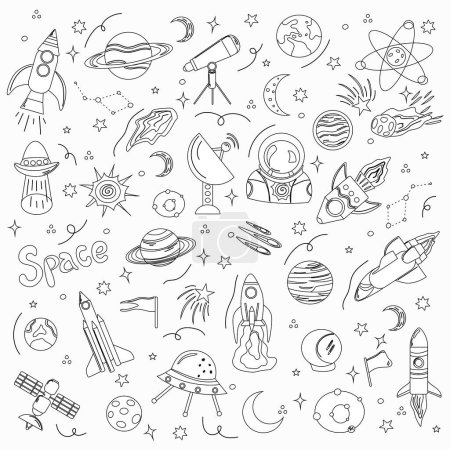 Ilustración de Estilo Doodle Blanco y Negro Vector Illustration Set Elementos Cósmicos - Imagen libre de derechos