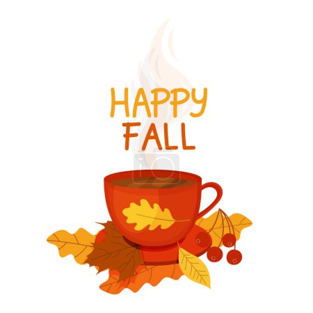 Ilustración de Composición de una taza con té y hojas, cálido otoño acogedor. Una taza de té caliente delicioso en el otoño en un estilo de dibujos animados, aislado sobre un fondo blanco. - Imagen libre de derechos
