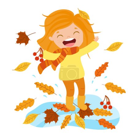 Foto de Niña alegre jugando con hojas de otoño y saltando en un charco. Ilustración vectorial estilo caricatura aislada sobre un fondo blanco. - Imagen libre de derechos