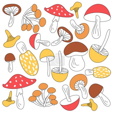 Simple illustrations of mushrooms with incomplete painting. A collection of doodle-style wild mushrooms is isolated on a white background.