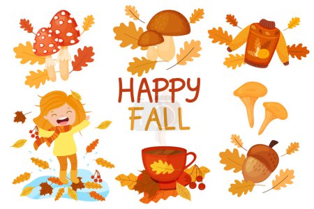 Es otoño, un conjunto de ilustraciones temáticas de otoño en un estilo de dibujos animados aislados sobre un fondo blanco. Colección otoñal de ilustraciones. Tarjetas de temporada listas en una paleta.