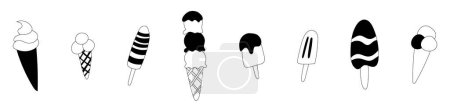 Foto de Ilustración vectorial de una colección de helados en un palo y en un cono de gofre. Blanco y negro. Un set de helados estilo garabato está aislado sobre un fondo blanco. - Imagen libre de derechos