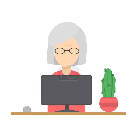 Téléchargez les illustrations : Grand-mère travaille à l'ordinateur, freelance, à distance, les personnes âgées et la technologie. Une femme âgée travaille sur un ordinateur. Pensionnés et technologie. - en licence libre de droit