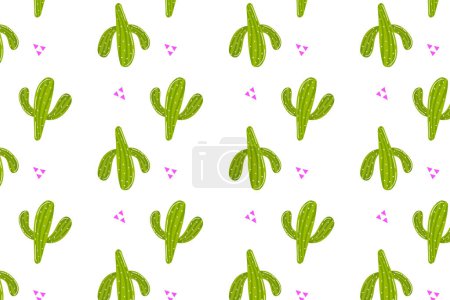 Téléchargez les illustrations : Motif de cactus, cactus vert épineux sur fond blanc. Motif, motif sans couture avec de mignons cactus mexicains verts. - en licence libre de droit