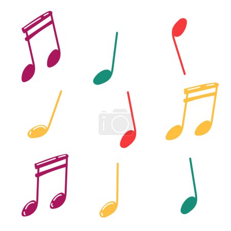 Illustration for Multi colored notes drawn by hand, doodle notes, simple symbols of music. study of music theory. Sheet music, music, musical notes, elements are isolated on a white background. - Royalty Free Image