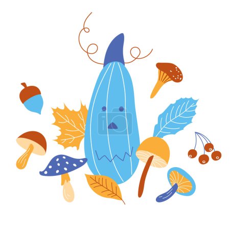 Foto de Calabaza de otoño para Halloween, decorada con plantas del bosque de otoño de diferentes colores. Una calabaza azul rodeada de hojas y setas está aislada sobre un fondo blanco. - Imagen libre de derechos