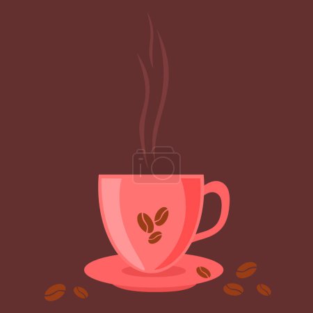 Téléchargez les illustrations : Une tasse de café parfumé fraîchement infusé, une boisson chaude, café noir. Une tasse de café de style dessin animé avec des grains, Journée mondiale du café, isolé. - en licence libre de droit