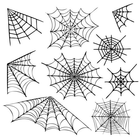 Feiern Sie Halloween mit Eleganz, komplizierte schwarze Spinnweben auf einer sauberen weißen Leinwand. ideal für gruselige Designs und Dekorationen der Saison. Schwarze Spinnweben auf weißem Hintergrund. Perfekt für Halloween.