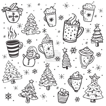 Illustration for New Year doodle illustration of cozy cups with tea and hot chocolate and Christmas trees. Christmas set of doodle trees and hot drinks. - Royalty Free Image