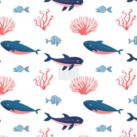 Foto de Fondo marino con animales marinos y plantas para textiles y varios diseños. Patrón sin costura con peces y animales marinos y algas. - Imagen libre de derechos