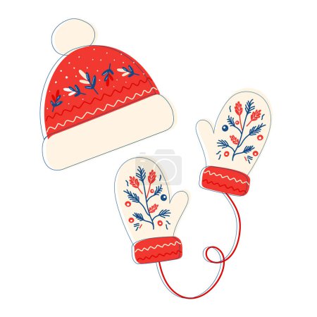 Illustration for Winter mittens and hat in christmas colors isolated on white background. Warm clothes, gloves and hats, knitted accessories, Christmas patterns, New Year. - Royalty Free Image