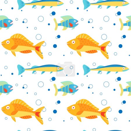Ilustración de Fondo de vida marina multicolor, animales marinos para textiles infantiles y varios diseños marinos. Patrón inconsútil colorido con peces de mar de diferentes colores. - Imagen libre de derechos
