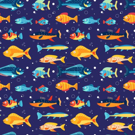 Foto de Fondo de vida marina multicolor, animales marinos para textiles infantiles y varios diseños marinos. Patrón inconsútil colorido con peces de mar de diferentes colores. - Imagen libre de derechos