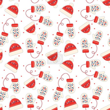 Illustration for Seamless pattern with warm clothes, gloves and hats, knitted accessories, Christmas patterns, New Year. Winter mittens and hat background in bright christmas colors. - Royalty Free Image