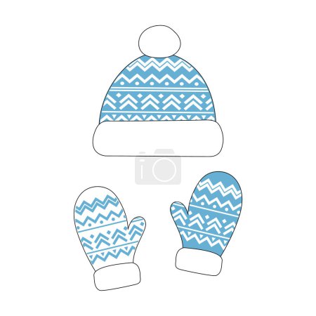 Illustration for Warm clothes, gloves and hats, knitted accessories, Christmas patterns, New Year. Winter mittens and hat in christmas colors isolated on white background. - Royalty Free Image