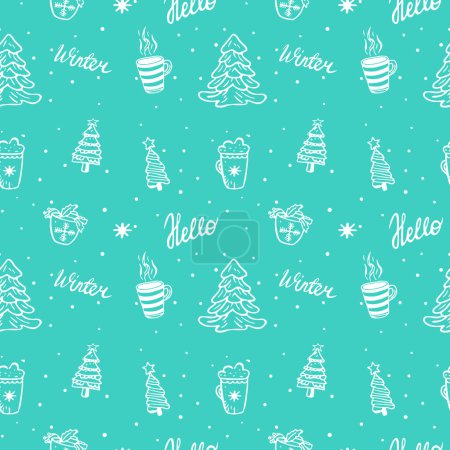 Illustration for New Year pattern doodle illustration of cozy cups with tea and hot chocolate and Christmas trees. Christmas seamless background of doodle trees and hot drinks. - Royalty Free Image