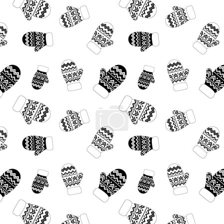 Illustration for Seamless pattern with warm clothes, gloves, knitted accessories, Christmas patterns, New Year. Winter mittens background in black and white christmas colors. - Royalty Free Image