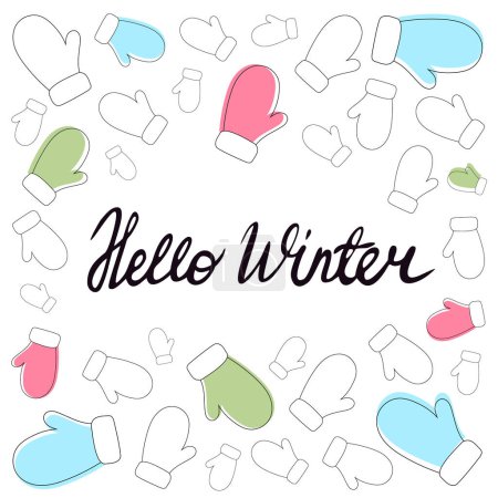 Illustration for Warm mittens in a delicate palette and winter greeting lettering for various cards and designs. Hello winter, background with mittens in minimalist style, christmas background. - Royalty Free Image