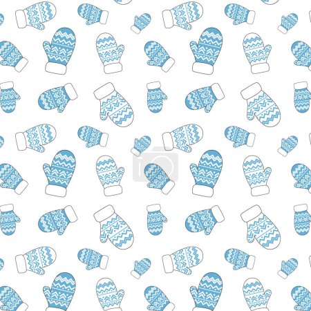 Illustration for Seamless pattern with warm clothes, gloves, knitted accessories, Christmas patterns, New Year. Winter mittens background in bright christmas colors. - Royalty Free Image