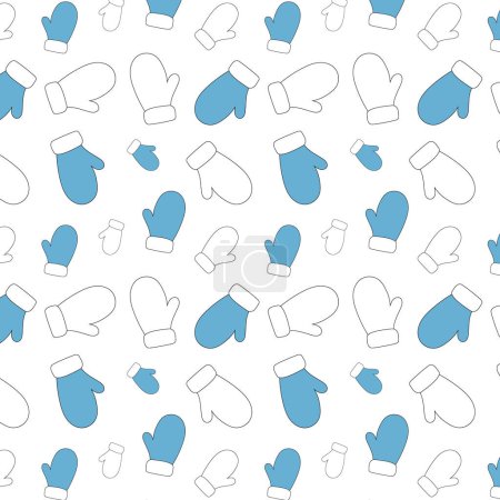 Illustration for Seamless pattern with warm clothes, gloves blue, knitted accessories, Christmas patterns, New Year. Winter mittens background in bright christmas colors. - Royalty Free Image