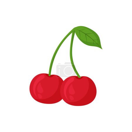 Illustration for Red cherry tree on green twig with leaves, vector cartoon illustration isolated on white background. - Royalty Free Image