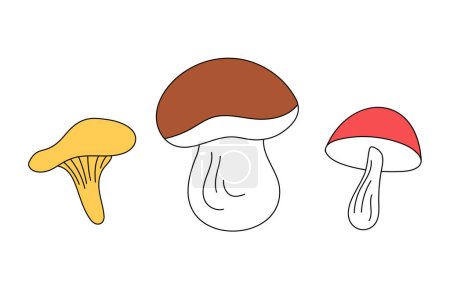 Téléchargez les illustrations : Ensemble de champignons mignons dans le style vectoriel doodle, isolé. - en licence libre de droit