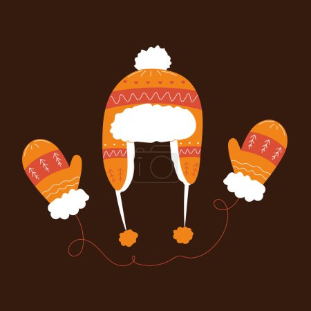 Illustration for Warm winter hat and mittens in brown, soft fluffy cozy clothes with flat pattern patterns. - Royalty Free Image