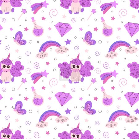 Cute magic seamless pattern on unicorns and fairy tale objects, magic wand, fantasy characters. Fabulous background for children's textiles, wallpapers, unicorns and cute clouds, the realm of dreams.