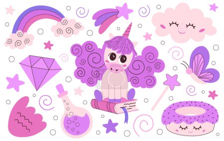 Cute set of magic elements and characters, magic unicorn with horn, kawaii illustration of fairy tale objects, clouds, magic wand, rainbow, stars, horse racing and dreaming.
