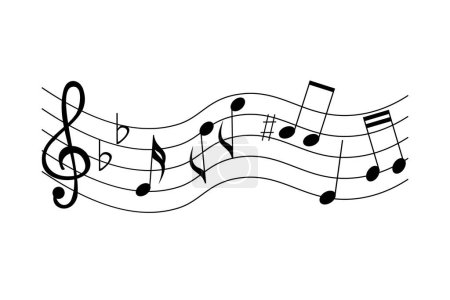 Notas musicales sobre pentagrama en blanco y negro aisladas sobre fondo blanco. Conjunto de partituras, diferentes tipos de señales de musicalidad.Arpa, plana, clave en sol, clave triple.