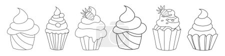 Foto de Conjunto de lindos pasteles de garabatos, cupcakes en blanco y negro, ilustración vectorial, mesa dulce, magdalenas de crema para vacaciones, cumpleaños y bodas, decoración de invitaciones navideñas. - Imagen libre de derechos