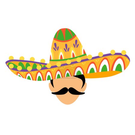 Chapeau de sombrero mexicain avec une illustration d'homme moustachu, dans un style de dessin animé coloré, représentant mariachi et vêtements traditionnels, Mexique.