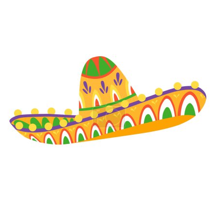 Ilustración de sombrero mexicano, estilo de dibujos animados colores brillantes, mariachi, ropa tradicional, sombrero, México.